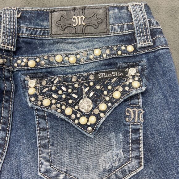 Miss Me Signature Skinny Jeans Womens 30 Blue Distressed Pearl Rhinestone Flap - Picture 7 of 16